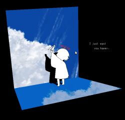 1other absurdres arm_up black_border blue_sky border chewchewer cloud cloudy_sky drop_shadow english_text fake_sky halo head_tilt highres holding holding_paper_airplane isometric original paper_airplane pink_halo silhouette sky solo