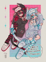 2girls animal_ears asymmetrical_legwear bare_shoulders black_cardigan black_hair black_thighhighs black_vs_white blue_eyes blue_ribbon blue_thighhighs cardigan cat_ears cat_girl cat_tail commission highres long_sleeves looking_at_viewer loose_thighhigh mask mask_on_head multiple_girls nasi_(na_si) off_shoulder original red_eyes red_ribbon red_thighhighs ribbon skeb_commission sleep_mask slippers striped_clothes striped_thighhighs tail tail_ornament tail_ribbon thighhighs uneven_legwear watermark white_cardigan white_hair white_thighhighs
