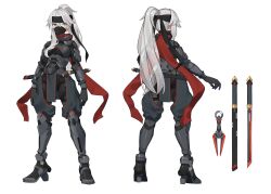 1girl absurdres arm_guards armored_bodysuit arms_at_sides black_bodysuit bodysuit breasts commentary_request commission from_behind green_eyes grey_hair headband highres long_hair looking_at_viewer mask medium_breasts mouth_mask multiple_views ninja ninja_mask ninjatou original ponytail ringobatake scarf second-party_source shin_guards short_sword skin_tight standing sword variant_set very_long_hair weapon white_background