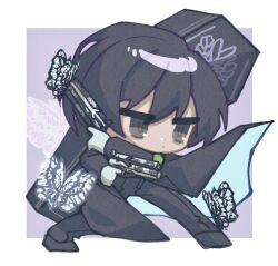 Rule 34 | 1boy, armband, black butterfly, black eyes, black hair, black pants, black shoes, black suit, border, bug, butterfly, chibi, chibi only, coffin, dual wielding, e.g.o (project moon), floating cape, formal clothes, gloves, green armband, gun, highres, holding, holding gun, holding weapon, insect, limbus company, nantekottawo!!, pants, parted bangs, project moon, purple background, shoes, short hair, solemn lament (e.g.o), solo, suit, weapon, white border, white butterfly, white gloves, yi sang (project moon)