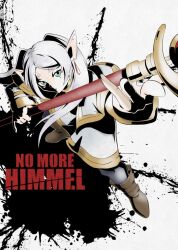 1girl boots brown_boots commentary cover derivative_work english_commentary frieren full_body green_eyes holding holding_staff logo_parody no_more_heroes pointy_ears robe solo sousou_no_frieren staff supermondobeat twintails video_game_cover video_game_cover_redraw white_background white_hair white_robe
