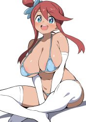 1girl areola_slip bikini blue_bikini blue_eyes blush breasts curvy ecgg_(tsuji418477) elbow_gloves gloves highres huge_breasts looking_at_viewer micro_bikini navel nintendo one_side_up pokemon pokemon_bw red_hair sidelocks simple_background sitting skyla_(pokemon) solo stomach swimsuit tan thighhighs white_background white_gloves white_thighhighs
