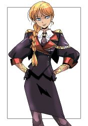 blonde_hair blue_eyes braid lowres military military_uniform pantyhose punpun solo