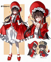 1boy 1girl absurdres alternate_costume black_hair bonnet bow dress fate/grand_order fate_(series) footwear_bow frills highres juliet_sleeves long_hair long_sleeves looking_at_viewer multiple_views oda_nobukatsu_(fate) oda_nobunaga_(fate) oda_nobunaga_(koha-ace) one_eye_closed puffy_sleeves red_bonnet red_bow red_dress red_eyes red_shoes shoes short_sleeves simple_background skirt_hold smile socks translation_request twitter_username white_socks xixing_chun