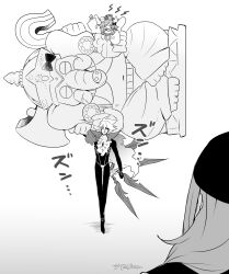 1girl 2boys ashoka_(fate) bow carrying_over_shoulder chest_jewel elephant_hat fate/grand_order fate_(series) ganesha_(fate) glasses gradient_background great_stone_statue_god_(fate) greyscale hair_bow hat highres karna_(fate) long_hair monochrome multiple_boys one_eye_covered rokkasana statue twitter_username