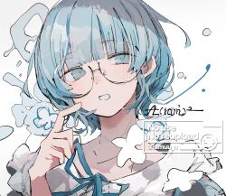 Rule 34 | 1girl, absurdres, aiamu iamu, black-framed eyewear, blue eyes, blue flower, blue hair, blue ribbon, blue shirt, blunt bangs, blush, bob cut, collared shirt, commentary request, commission, finger to cheek, flower, frilled shirt collar, frills, glasses, grin, hand up, highres, looking at viewer, neck ribbon, original, portrait, ribbon, round eyewear, semi-rimless eyewear, shirt, short hair, simple background, skeb commission, smile, solo, watermark, white background, white flower