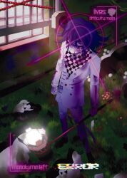 1boy absurdres angry arm_belt barred_window blood blood_from_mouth buttons checkered_clothes checkered_scarf commentary danganronpa_(series) danganronpa_v3:_killing_harmony english_commentary error_message flipped_hair from_above hair_between_eyes hammer highres holding holding_hammer holding_weapon indoors injury long_sleeves looking_at_viewer male_focus monokuma multicolored_buttons oma_kokichi on_grass pants parodeity purple_eyes purple_hair scarf short_hair solo standing target teeth two-tone_scarf user_interface viewfinder weapon window