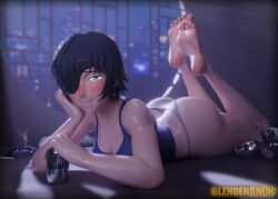 1girl 3d alcohol ashtray ass ass_focus barefoot bed bedroom beer black_hair blenderanon blue_hair blush bra breast_focus breasts butt_crack chainsaw_man cigarette feet foot_focus foot_jewelry green_eyes highres himeno_(chainsaw_man) jewelry looking_at_viewer lying on_bed panties short_hair smile solo steam steaming_body sweat tag toe_ring toes underwear watermark wide_hips