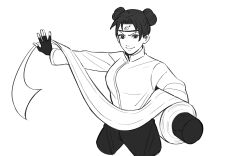 1girl absurdres closed_mouth commentary cowboy_shot double_bun english_commentary fingerless_gloves forehead_protector gloves greyscale hair_bun highres holding holding_scroll konohagakure_symbol long_sleeves looking_at_viewer monochrome naruto_(series) naruto_shippuuden scroll shirt smile solo tenten_(naruto) white_background xmonday_mintx