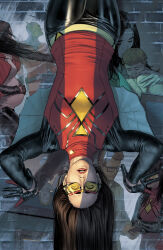 1girl black_gloves black_hair black_pants black_sleeves glasses gloves highres long_hair looking_at_viewer marvel mattia_de_iulis pants print_shirt red_shirt shirt solo spider-man_(series) spider-woman tinted_eyewear upside-down yellow-tinted_eyewear