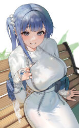 1girl absurdres arcana_(nikke) bench blue_eyes blue_hair blush breast_zipper breasts claws commentary covered_navel dress flower_hairpin goddess_of_victory:_nikke highres large_breasts laza_(0ldsong) long_hair looking_at_viewer on_bench one_side_up park_bench silver_nails simple_background sitting smile solo tight_clothes tight_dress turtleneck turtleneck_dress white_background wooden_bench zipper_dress
