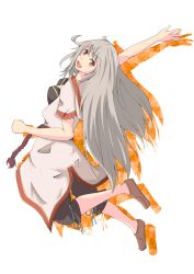1girl arm_up black_shirt black_shorts brown_shoes coat colored_shadow commentary_request full_body grey_hair highres jumping kurohachiboku long_hair looking_at_viewer looking_to_the_side monk_(ragnarok_online) open_mouth orange_eyes ragnarok_online shadow shirt shoes short_sleeves shorts simple_background smile solo very_long_hair white_background white_coat