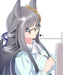 1girl animal_ears bespectacled blue_eyes blunt_bangs blush breasts casual chrono_genesis_(umamusume) commentary_request english_text glasses grey_hair hair_between_eyes hair_ornament holding holding_newspaper horse_ears long_hair looking_at_viewer newspaper pen small_breasts solo umamusume white_background yangmal_(uma_red_sheep)