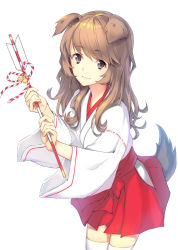1girl animal_ears arrow_(projectile) bell brown_eyes brown_hair chinese_zodiac closed_mouth commentary_request dog_ears dog_girl dog_tail female_focus fingernails hair_between_eyes hakama hakama_short_skirt hakama_skirt hamaya holding holding_arrow japanese_clothes jingle_bell kamome_yuu long_hair long_sleeves looking_at_viewer miko original red_hakama simple_background skirt solo tail thighhighs very_long_hair white_background white_thighhighs wide_sleeves year_of_the_dog