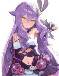1girl absurdres armpits bare_shoulders breasts clothing_cutout commentary_request dress highres honkai_(series) honkai_impact_3rd long_hair looking_at_viewer masita_(kcsf3528) navel navel_cutout purple_dress purple_hair simple_background sirin sirin_(miracle_magical_girl) small_breasts solo very_long_hair white_background yellow_eyes