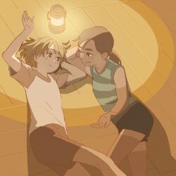 2girls 55bata6rou adaniya_tsubura arms_up black_hair black_shorts brown_eyes brown_hair closed_mouth feet_out_of_frame from_above glowing green_shirt highres indoors lamp looking_at_another lying multiple_girls on_floor ooi!_tonbo ooi_tonbo ponytail raglan_sleeves shirt short_hair short_sleeves shorts sleeveless sleeveless_shirt smile striped_clothes striped_shirt tan tanline white_shirt wooden_floor
