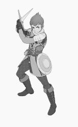 1boy alternate_costume armor belt boot_straps boots buttons chainmail closed_mouth commentary fighting_stance full_body gloves greyscale highres holding holding_sword holding_weapon hop_(pokemon) kazuko_(towa) legs_apart male_focus monochrome nintendo pokemon pokemon_swsh pouch shield short_hair shoulder_armor simple_background solo standing studs sword weapon white_background