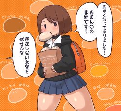 1girl backpack bag black_eyes black_hoodie brown_hair eating food forehead freckles highres holding holding_food hood hoodie jitome jk_mob-chan_(minami_aomori) minami_aomori miniskirt mob_face mouth_hold no_mouth orange_background original short_hair skirt standing steamed_bun talking thighs translation_request walking