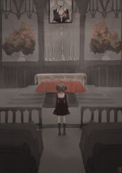 Rule 34 | 1girl, absurdres, black dress, church, danganronpa (series), danganronpa another episode: ultra despair girls, dress, enoshima junko, from behind, funeral, green hair, hair ribbon, hairband, highres, indoors, long sleeves, muted color, plant, potted plant, ribbon, short hair, solo, standing, tiramikimono, towa monaca