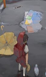 1girl backpack bag bird black_hair broken_umbrella day facing_away flute from_above from_behind hat highres holding holding_unworn_clothes holding_unworn_hat instrument kaai_yuki kyoufuu_all_back_(vocaloid) notebook outdoors pigeon pocche-ex puddle randoseru recorder school_uniform twintails umbrella unworn_hat unworn_headwear vocaloid