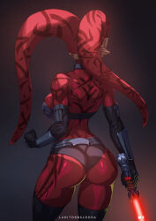 1girl alien armor artist_name ass back biceps bikini_armor black_background black_gloves breasts chest_tattoo cleavage clenched_hand colored_skin curvy darth_talon elbow_gloves energy_sword facial_tattoo gloves gradient_background headdress highres holding holding_sword holding_weapon huge_ass laditos_baldosa large_breasts lekku_(anatomy) lightsaber no_humans red_lightsaber red_skin revealing_clothes shoulder_tattoo simple_background skindentation star_wars sword tattoo twi&#039;lek weapon wide_hips