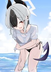 0mooide 1girl alternate_costume bikini bikini_visible_through_clothes black_bikini black_hair black_horns blue_archive blue_sky cloud collarbone commentary commentary_request day demon_horns demon_wings earclip english_commentary grey_halo halo hand_on_own_leg highres horns kayoko_(blue_archive) leaning_forward looking_at_viewer mixed-language_commentary mole mole_on_collarbone multicolored_hair ocean one_eye_closed open_mouth outdoors red_eyes shirt side-tie_bikini_bottom single_wing sky smile solo swimsuit two-tone_hair water wet wet_clothes wet_shirt white_hair white_shirt wings