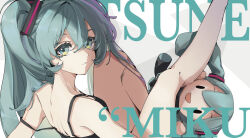 13165075695 1girl absurdres aqua_eyes aqua_hair bare_shoulders black_shirt character_doll character_name commentary doll expressionless hair_between_eyes hair_ornament hatsune_miku highres looking_at_viewer mindscape_cinema_(zenless_zone_zero) number_tattoo shirt shoulder_tattoo solo strap_slip symbol-only_commentary tattoo vocaloid white_background