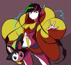 1girl black_hair blunt_bangs breasts closed_mouth commentary electricity elesa_(pokemon) emolga gen_5_pokemon grey_background headphones heart highres jacket long_hair long_sleeves medium_breasts nintendo open_clothes open_jacket outstretched_arm pokemon pokemon_(creature) pokemon_bw2 short_hair_with_long_locks sidelocks simple_background user_ydyh4577 yellow_jacket