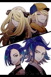 2boys 2girls absurdres adaman_(pokemon) ancestor_and_descendant aqua_hair bare_shoulders black_choker black_shirt black_sports_bra blonde_hair blue_hair bob_cut brown_eyes choker closed_mouth collarbone commentary_request cynthia_(pokemon) gradient_hair hair_ornament hair_over_one_eye hat highres jewelry long_hair looking_at_viewer multicolored_hair multiple_boys multiple_girls neck_ring nintendo perrin_(pokemon) pokemon pokemon_dppt pokemon_legends:_arceus pokemon_sv ponytail shirt short_hair simple_background sleeveless sleeveless_shirt sports_bra takigami_san undershirt upper_body volo_(pokemon) yellow_eyes