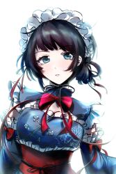1girl bang_dream! bang_dream!_it&#039;s_mygo!!!!! bangjinjin82 black_hair blue_eyes blue_sash bow bowtie closed_mouth commentary detached_sleeves highres maid_headdress obi red_bow red_bowtie sash short_hair simple_background solo symbol-only_commentary upper_body white_background yahata_umiri
