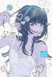 Rule 34 | 1girl, absurdres, bandaid, bandaid on arm, bare shoulders, black hair, blue eyes, clover, collarbone, file, fingernails, four-leaf clover, hand up, heart, highres, holding, holding own hair, long fingernails, long hair, original, raincloud, recycle bin, simple background, single tear, solo, tank top, tareme, white background, white tank top, yosh1to