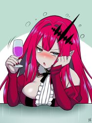 Rule 34 | 1girl, baobhan sith (fate), baobhan sith (first ascension) (fate), bare shoulders, blush, breasts, center frills, cup, detached collar, detached sleeves, dress, drinking glass, fate/grand order, fate (series), frills, grey eyes, guriguri (arayotto4351), highres, large breasts, long hair, looking at viewer, open mouth, pink hair, pointy ears, red dress, sidelocks, textless version, tiara