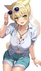 1girl adjusting_eyewear aqua_shorts arm_at_side blonde_hair blush borrowed_character bracelet breasts cat_girl cleavage collared_shirt cowboy_shot denim denim_shorts facial_mark fang green_eyes hand_up happy highres invisible_chair jewelry looking_at_viewer medium_breasts midriff_peek nail_polish navel necklace open_mouth original partially_unbuttoned pendant ponytail red_nails second-party_source shirt short_shorts short_sleeves shorts simple_background sitting slit_pupils smile solo sunglasses swept_bangs uuroncha whisker_markings white-framed_eyewear white_background white_shirt yellow_tail