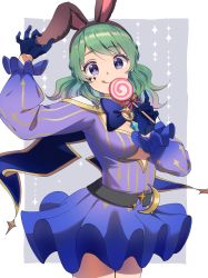 1girl :q animal_ears blue_bow blue_bowtie blue_dress blue_gloves bow bowtie breasts candy cleavage closed_mouth commentary_request cowboy_shot dress fake_animal_ears food frilled_sleeves frills gloves gradient_clothes gradient_dress green_hair highres hohohoi lollipop long_hair looking_at_viewer medium_breasts purple_dress purple_eyes rabbit_ears ragnarok_online ragnarok_origin smile solo tongue tongue_out