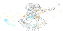 2girls :d \n/ bare_shoulders blunt_bangs blunt_ends bob_cut bow_hairband breasts celebration!_(love_live!) closed_mouth detached_sleeves dress feet_out_of_frame frilled_dress frills hairband highres hinoshita_kaho link!_like!_love_live! looking_at_another love_live! medium_breasts momose_ginko multiple_girls multiple_monochrome official_alternate_costume official_art open_mouth outstretched_arm profile puffy_short_sleeves puffy_sleeves short_dress short_hair short_sleeves simple_background smile strapless strapless_dress two_side_up uo_(wotakana_p) virtual_youtuber walking white_background