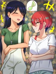 amate_yuzuriha artist_request bad_link black_hair breasts casual green_shirt gundam gundam_gquuuuuux highres laughing medium_breasts nyaan_(gundam_gquuuuuux) overalls red_hair shirt tagme white_shirt