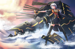 1girl absurdres blue_eyes breasts dark_persona epaulettes female_focus grey_hair heterochromia highres l.sy long_hair mole mole_under_eye nelson_(warship_girls_r) ponytail rigging sea_spray short_hair solo sword thighhighs uniform warship_girls_r water weapon yellow_eye yellow_eyes