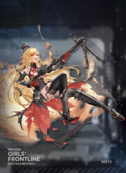 1girl :d armored_boots black_hat black_thighhighs blonde_hair boots breasts character_name chongning commentary copyright_name detached_sleeves drum_magazine dual_drum_magazine english_commentary floating full_body garrison_cap girls&#039;_frontline gloves grey_skirt grey_sleeves gun hat high-waist_skirt holding holding_gun holding_weapon long_hair looking_ahead machine_gun magazine_(weapon) medium_breasts mg15 mg15_(girls&#039;_frontline) official_art open_mouth orange_eyes promotional_art red_gloves red_shirt second-party_source shirt skirt sleeveless sleeveless_shirt smile solo tachi-e thigh_boots thighhighs torn_boots torn_clothes torn_shirt torn_sleeves torn_thighhighs underboob weapon