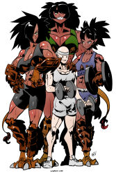 Rule 34 | 1boy, 3girls, :3, abs, animal hands, animal legs, bare shoulders, bike shorts, black hair, black sports bra, breasts, collarbone, commentary, dark-skinned female, dark skin, dumbbell, english commentary, exercising, fire, flame-tipped tail, full body, grey headband, grin, headband, height difference, highres, holding, holding dumbbell, kukuruyo, large breasts, long hair, monster girl, multiple girls, muscular, muscular female, muscular male, original, pointy ears, scales, sharp teeth, short shorts, shorts, simple background, smile, sports bra, standing, sweat, tail, tall female, teeth, weightlifting, white background, you gonna get raped