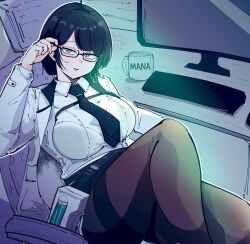 1girl adjusting_eyewear black_necktie black_pantyhose black_skirt breasts cain_lk chair character_name coat commentary_request computer_keyboard cup glasses goddess_of_victory:_nikke highres large_breasts looking_at_viewer mana_(nikke) monitor mug necktie office_chair pantyhose shirt sitting skirt solo swivel_chair white_coat white_shirt