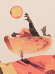 Rule 34 | dkaism, floating, full body, looking at another, orange robe, original, outstretched arm, painterly, reaching, robe, severed arm, severed limb, shadow, simple background, standing, statue, sun, surreal, white background