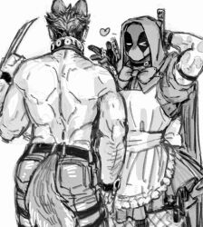 2boys alternate_costume animal_ears arm_hair back bara belt big_bad_wolf big_bad_wolf_(cosplay) bow bowtie chain chain_leash claw_(weapon) clenched_hand collar commentary_request cosplay couple deadpool deadpool_&amp;_wolverine deadpool_(series) dishing dress fishnets gloves halloween halloween_costume heart holding holding_leash hood hood_up korean_commentary leash little_red_riding_hood_(fairy_tale) little_red_riding_hood_(fairy_tale_character)_(cosplay) little_red_riding_hood_(fairy_tale_character) looking_at_another male_focus marvel marvel_cinematic_universe mask monochrome multiple_boys muscular muscular_male one_eye_closed open_mouth pants pectorals scar scars_all_over short_hair short_sleeves sword sword_on_back tail too_many topless_male weapon weapon_on_back wolf_boy wolf_ears wolf_tail wolverine_(x-men) x-men yaoi