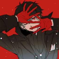 1boy amamiya_ren black_coat black_hair coat covering_face gloves highres joker_(persona_5) lluyss long_sleeves male_focus medium_hair messy_hair one_eye_closed persona persona_5 red_background red_eyes red_gloves solo
