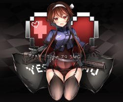 1girl :d asymmetrical_gloves beckoning black_thighhighs blush brown_hair character_name commentary_request fang female_focus full_body gaiters garter_straps girls&#039;_frontline gloves gun haguruma_c hair_between_eyes hair_ribbon hairband head_tilt heart highres jewelry long_hair looking_at_viewer no open_mouth outstretched_arms red_eyes revision ribbon ring seiza sidelocks sitting smile solo spread_arms strap tail thighhigh_gaiters thighhighs type_79_(girls&#039;_frontline) type_79_smg uneven_gloves weapon weapon_on_back wedding_band white_ribbon yes yes-no_pillow