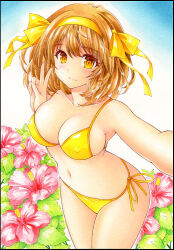Rule 34 | 1girl, bikini, breasts, brown eyes, brown hair, colored pencil (medium), covered erect nipples, hair ribbon, large breasts, looking at viewer, nightmare77zx, ribbon, short hair, solo, suzumiya haruhi, suzumiya haruhi no yuuutsu, swimsuit, traditional media, yellow bikini, yellow ribbon