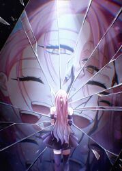 1girl alien_stage black_blood black_dress black_gloves black_thighhighs blood blood_on_face blue_hair broken_glass closed_eyes commentary dress english_commentary glass gloves gradient_hair hand_on_own_arm highres long_hair mizi_(alien_stage) multicolored_hair open_mouth pink_hair reflection smile thighhighs tia67884314 two-tone_hair very_long_hair yellow_eyes