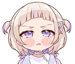 1girl blonde_hair blush_stickers choker highres hololive hololive_dev_is kukie-nyan open_mouth purple_choker purple_eyes purple_streaks shirt simple_background solo todoroki_hajime todoroki_hajime_(1st_costume) two_side_up virtual_youtuber white_background white_shirt