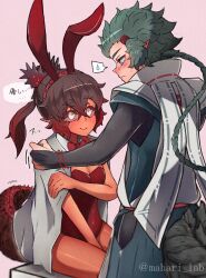 Rule 34 | ..., 1boy, 1girl, absurdres, animal ears, black hair, black sclera, bodysuit, bow, bowtie, braid, braided ponytail, breasts, cleavage, colored sclera, cosplay, fake animal ears, godzilla, godzilla: planet of the monsters, godzilla (cosplay), godzilla (series), godzilla (shin), godzilla (shin) (cosplay), godzilla earth, godzilla earth (cosplay), green eyes, green hair, grey eyes, headband, highres, humanization, japanese text, kaiju, leotard, long tail, mahari lab, medium breasts, monster, monster boy, monster girl, multicolored hair, personification, pink background, playboy bunny swimsuit, polygon pictures, ponytail, red hair, revealing clothes, shin godzilla, simple background, speech bubble, spines, sweatdrop, tail, toho, two-tone hair, veins, veiny spikes, very long tail, white eyes