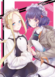 2girls abigail_williams_(fate) abigail_williams_(festival_outfit)_(fate) absurdres apron blue_eyes braid closed_mouth commentary coron_(coron02) crown_braid fate/grand_order fate_(series) flower hair_flower hair_ornament highres holding_hands jacket katsushika_hokusai_(fate) katsushika_hokusai_(festival_outfit)_(fate) keyhole light_blush lolita_fashion maid maid_apron multiple_girls purple_eyes purple_hair short_hair short_hair_with_long_locks shy smile tongue tongue_out