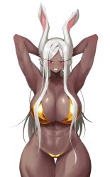 1girl abs absurdres animal_ears armpits arms_up bikini blush boku_no_hero_academia breasts cleavage collarbone commentary dark-skinned_female dark_skin english_commentary gold_bikini golden_week hair_over_breasts highleg highleg_bikini highres huge_breasts long_eyelashes long_hair looking_at_viewer mirko nangmanheeyou navel parted_bangs rabbit_ears rabbit_girl raised_eyebrow red_eyes simple_background smile solo stomach sweat swimsuit thick_thighs thigh_gap thighs toned toned_female very_long_hair white_background white_hair